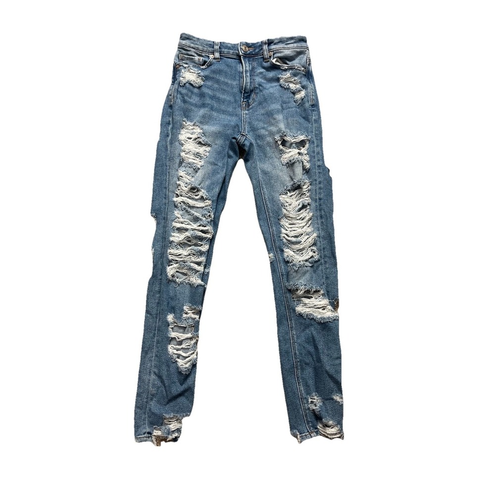 American Eagle Outfitters Womens Jeans Straight Leg Blue Distressed Denim Sz 0